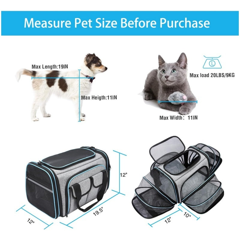 Premium Expandable Soft-Sided Pet Carrier – TSA Approved, 4-Way Ventilated with Removable Fleece Pad & Utility Pockets
